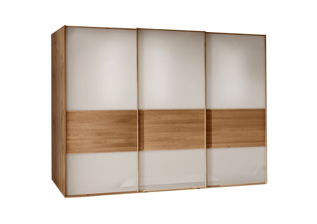 Moderner dreitüriger Schwebetürenschrank mit Holz- und Glaselementen, Frontalansicht