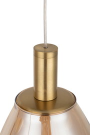 Nahaufnahme einer LED-Hängeleuchte mit einem goldenen, zylindrischen Aufhängungselement und einem transparenten Kabel, von oben betrachtet.