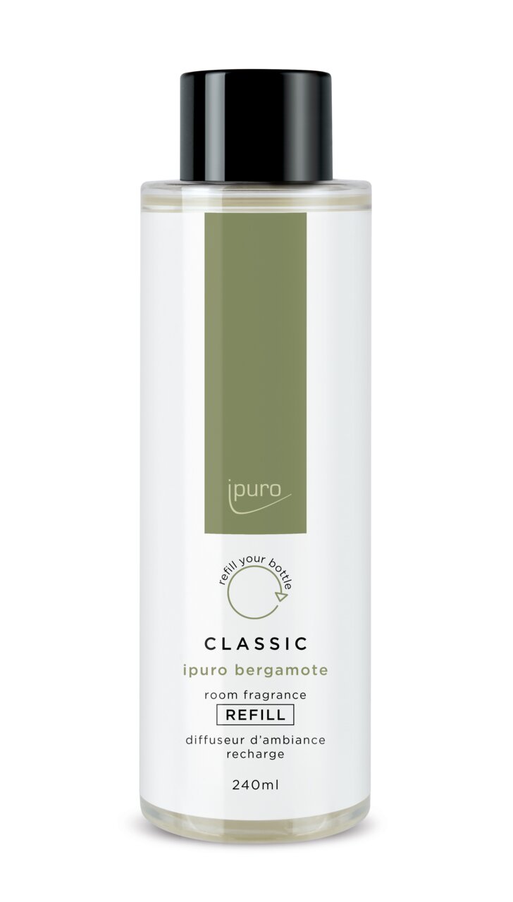 Fles met zwarte dop, ipuro Classic bergamot navulling 240 ml, vooraanzicht