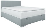 Graues Boxbett 140 mit weißer Matratze, seitliche Perspektive