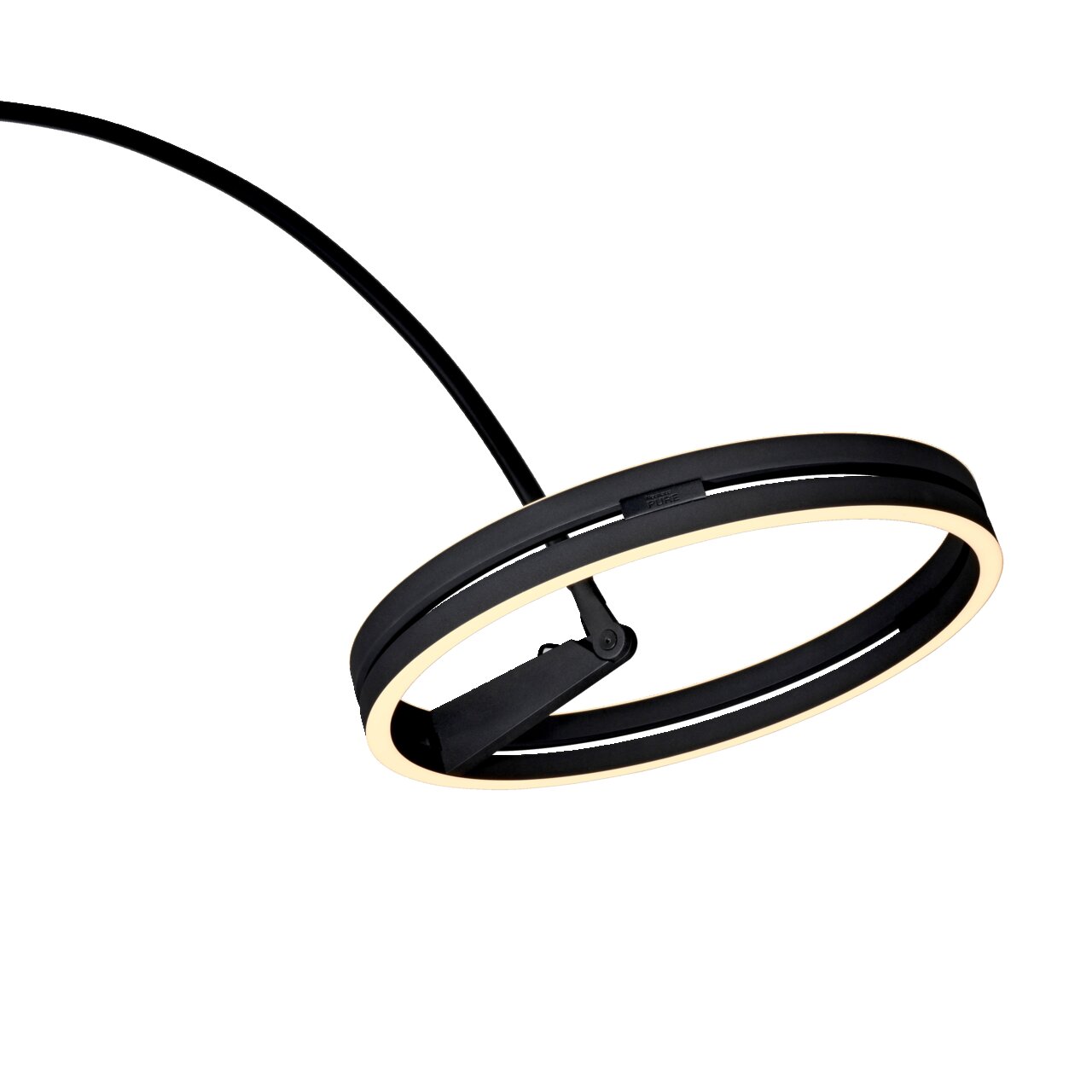 Moderne LED-Bogenleuchte in schwarzem Design, seitliche Perspektive