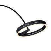 Moderne LED-Bogenleuchte in schwarzem Design, seitliche Perspektive