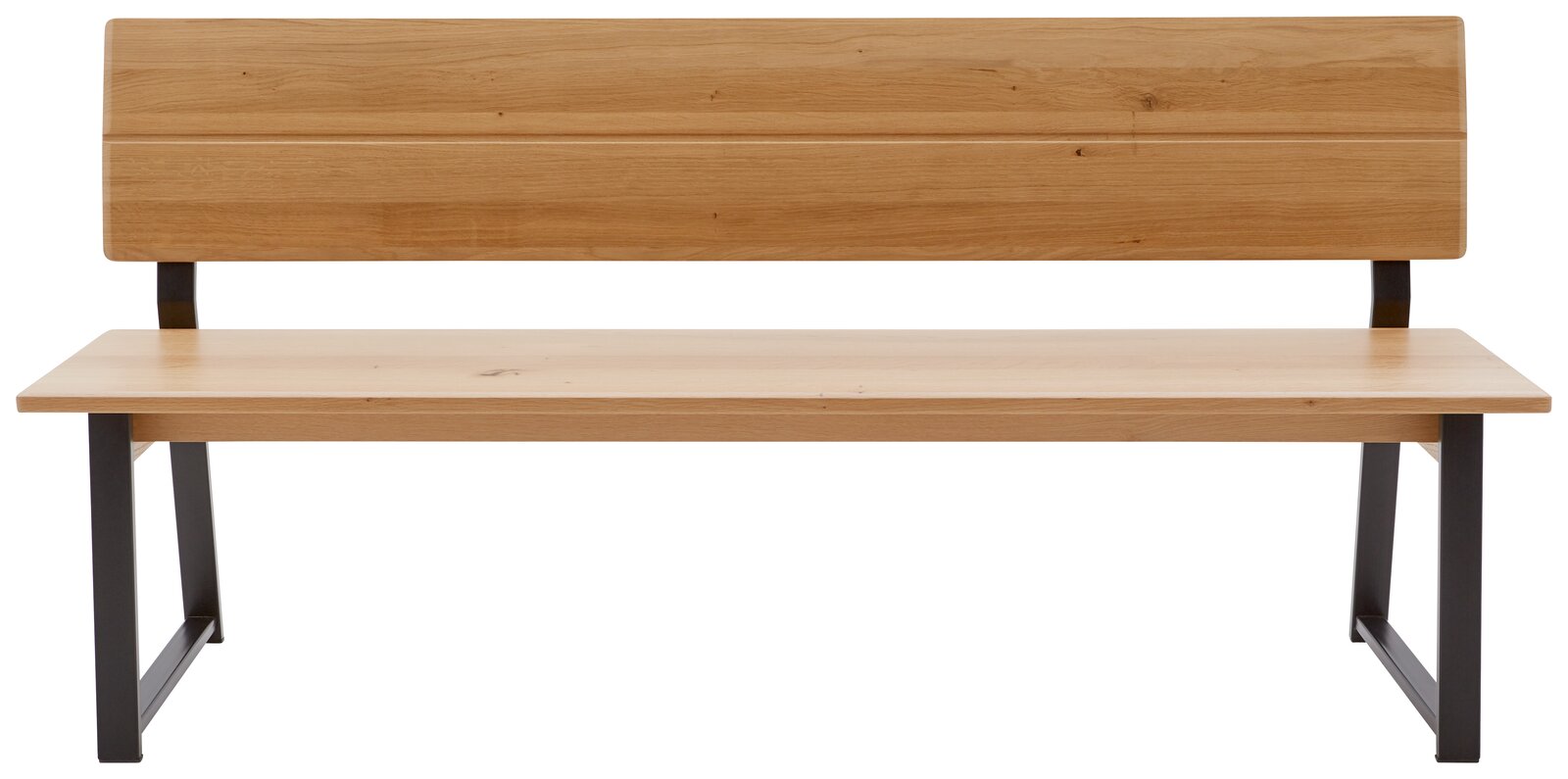 Holzbank mit Metallbeinen, Vorderansicht