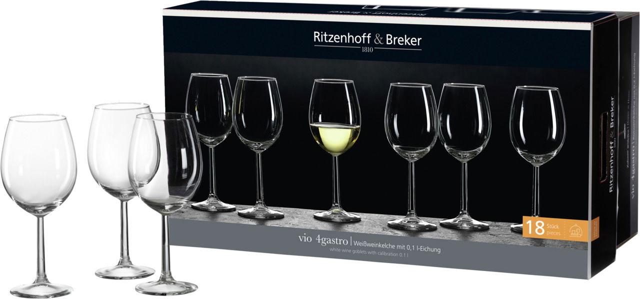 Weißweinset 18-teilig von Ritzenhoff & Breker, bestehend aus eleganten Weingläsern, präsentiert in einer stilvollen Verpackung. Frontale Perspektive.