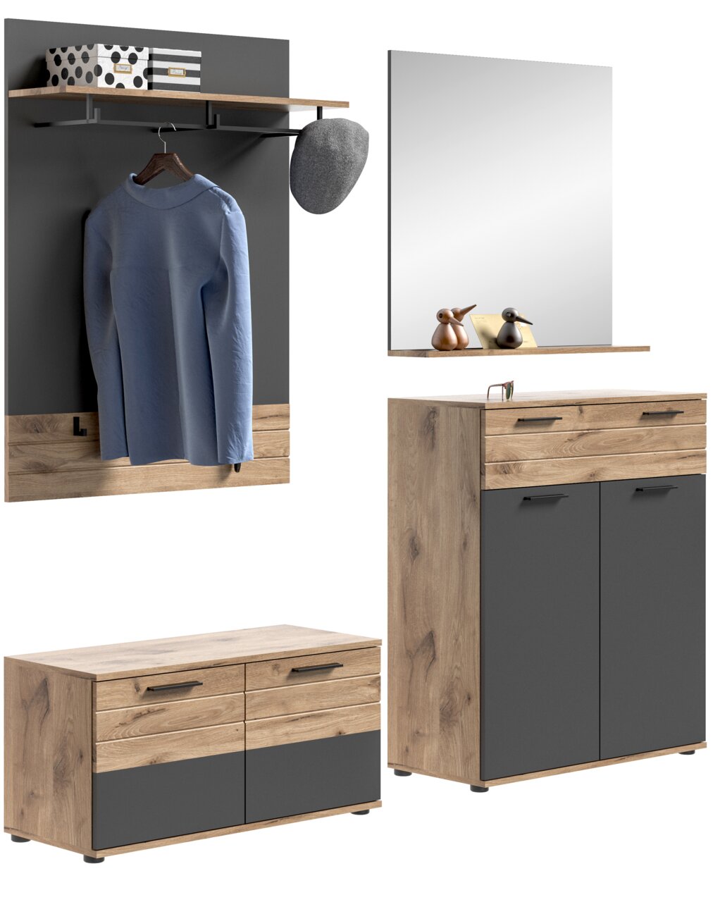 Garderobenkombination in Holzoptik mit grauen Elementen, bestehend aus einem Wandpaneel mit Kleiderstange, einem Spiegel, einem Schuhschrank und einem hohen Schrank, frontal betrachtet.