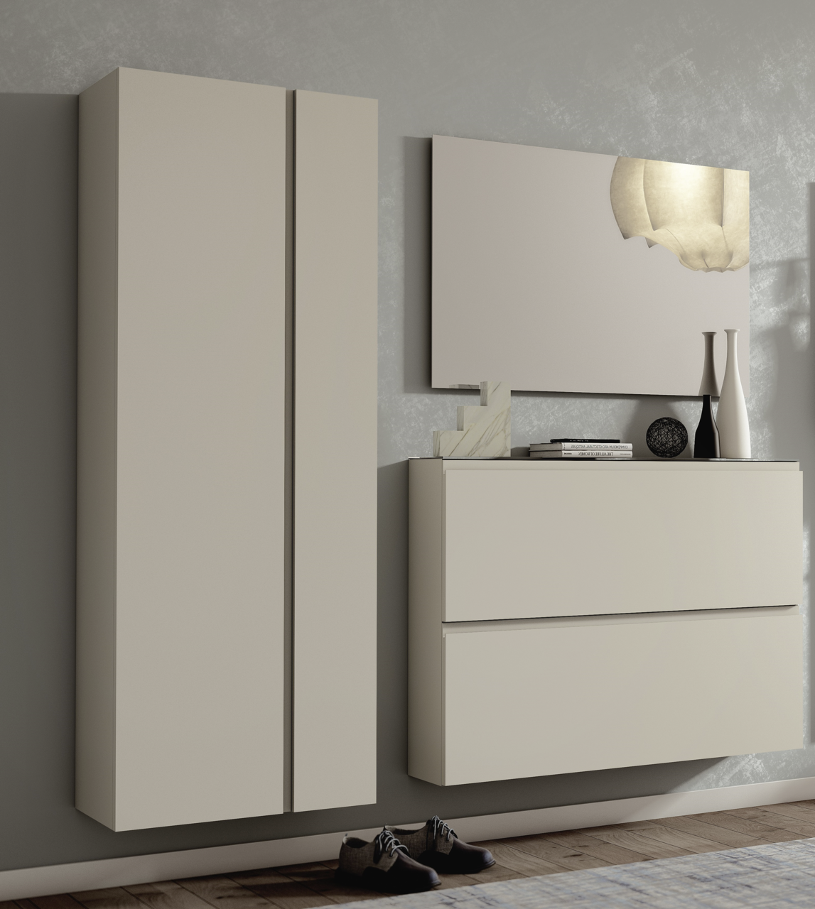 Moderano Garderoben-Set LECCO Modernes Garderobenset in Beige mit wandmontiertem Schrank und Spiegel, seitliche Perspektive