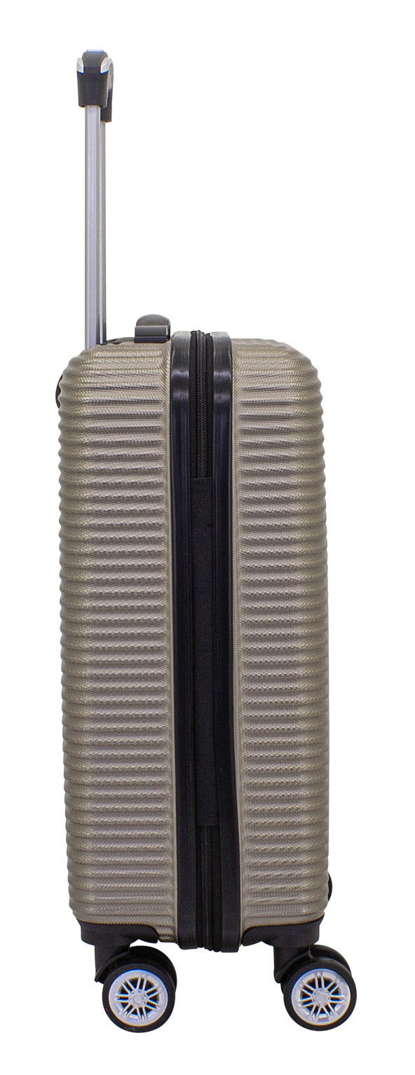 Seitliche Ansicht eines champagnerfarbenen Trolleys mit ausziehbarem Griff und vier Rollen.