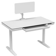 Moderner weißer E-Schreibtisch mit höhenverstellbarer Funktion, Schublade und Sichtschutz, seitliche Perspektive