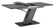 Moderner, ausziehbarer Tisch in dunklem Holz mit schrägem Standfuß, seitliche Perspektive