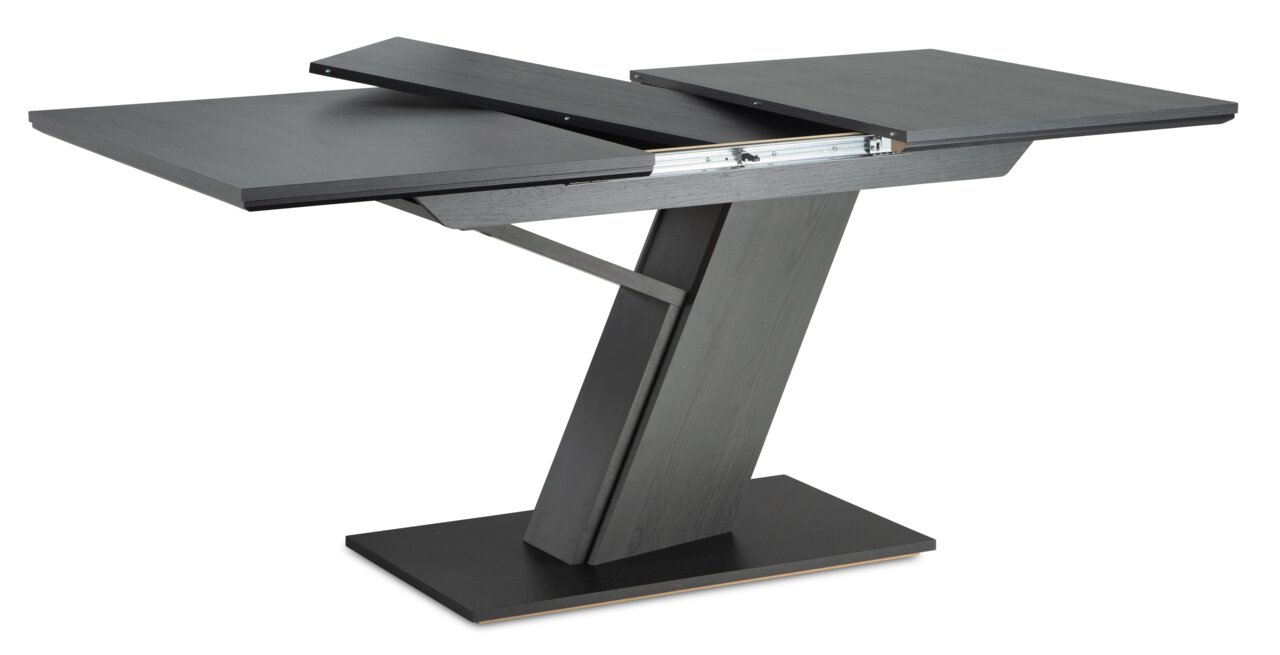 Moderner, ausziehbarer Tisch in dunklem Holz mit schrägem Standfuß, seitliche Perspektive