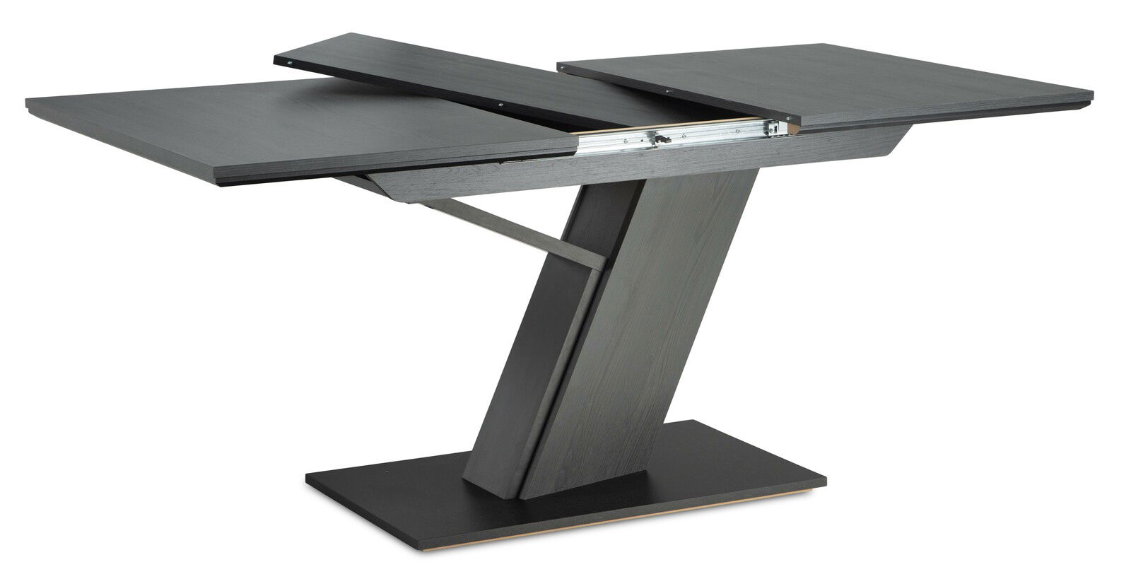 Moderner, ausziehbarer Tisch in dunklem Holz mit schrägem Standfuß, seitliche Perspektive