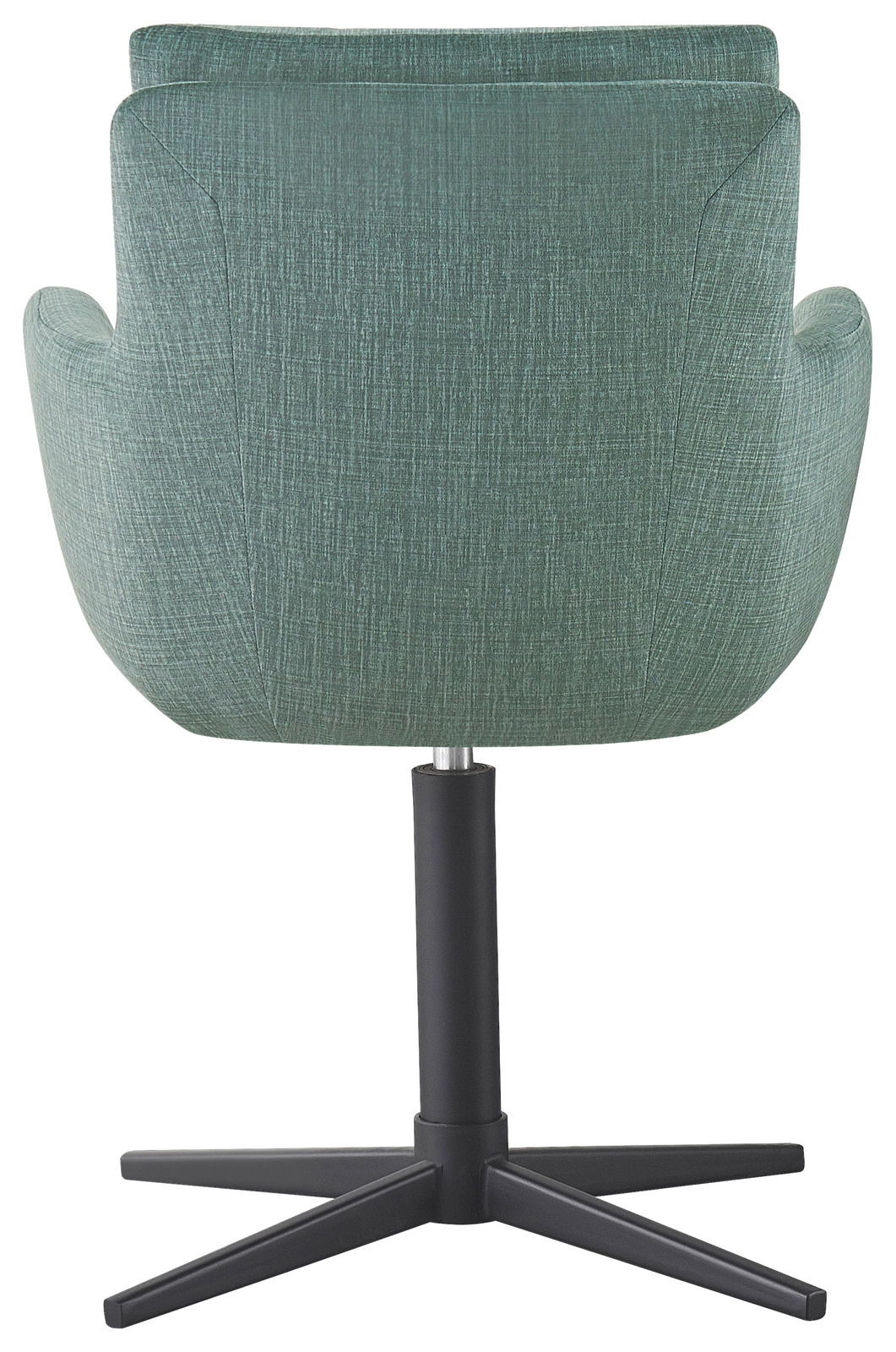Rückansicht eines grünen Armlehnstuhls mit schwarzem Drehfuß