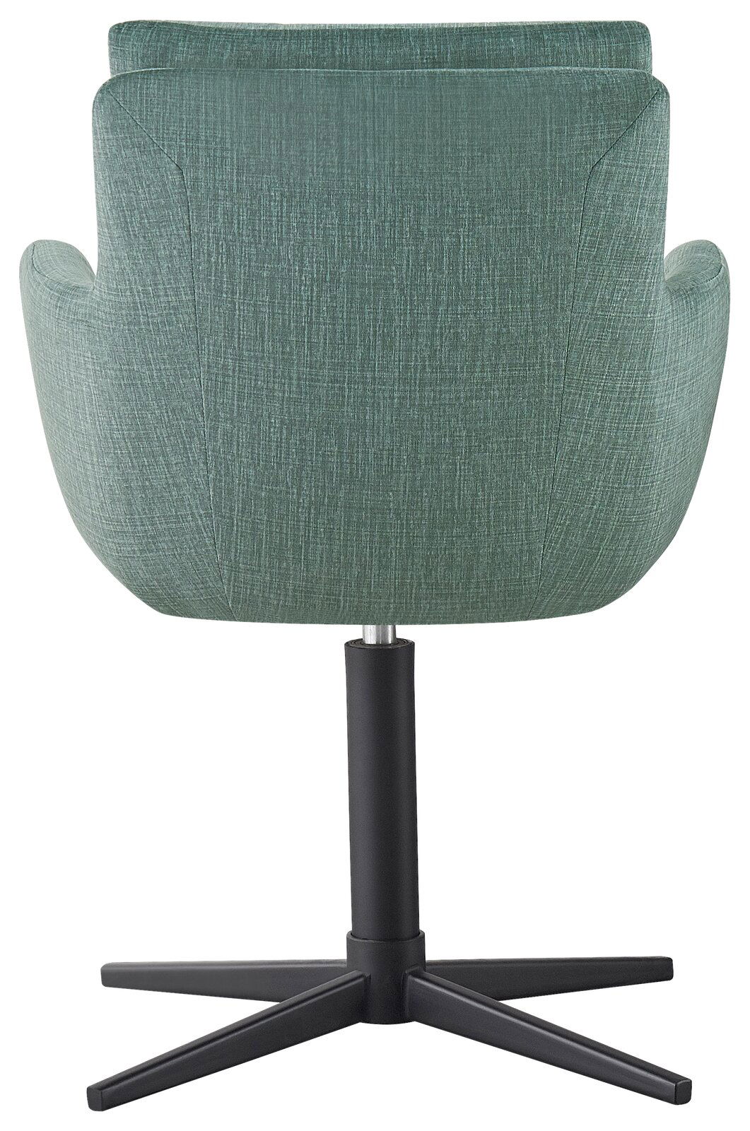 Rückansicht eines grünen Armlehnstuhls mit schwarzem Drehfuß