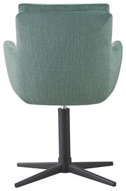 Rückansicht eines grünen Armlehnstuhls mit schwarzem Drehfuß