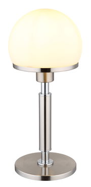 Moderne Tischleuchte HAKU von Globo Lighting mit rundem, weißem Lampenschirm und silbernem Standfuß, seitliche Perspektive.