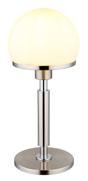 Moderne Tischleuchte HAKU von Globo Lighting mit rundem, weißem Lampenschirm und silbernem Standfuß, seitliche Perspektive.