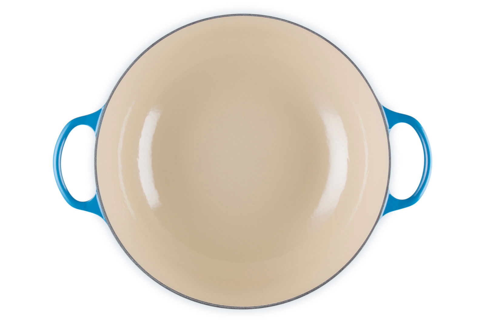 Blaue gusseiserne Bratpfanne mit zwei Griffen, von oben betrachtet