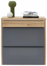 Moderner Hängeschuhschrank mit Holz- und Grauelementen, dekoriert mit Büchern und Vasen, Frontalansicht.