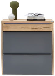 Moderner Hängeschuhschrank mit Holz- und Grauelementen, dekoriert mit Büchern und Vasen, Frontalansicht.