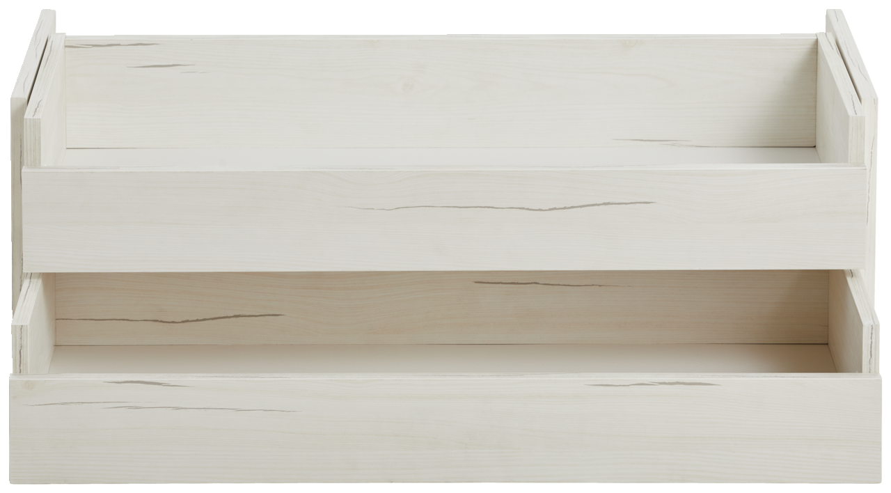Frontale Ansicht eines weißen Schubladen-Sets mit Holzmaserung.