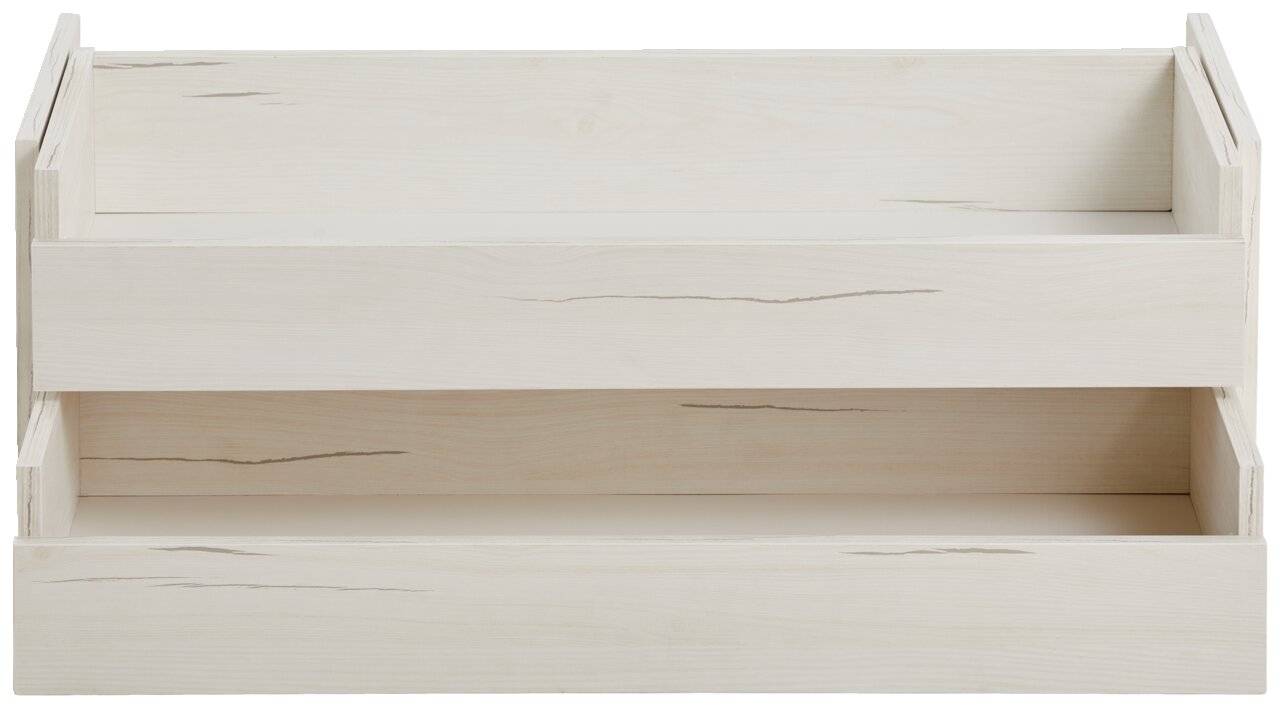 Frontale Ansicht eines weißen Schubladen-Sets mit Holzmaserung.