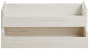Frontale Ansicht eines weißen Schubladen-Sets mit Holzmaserung.