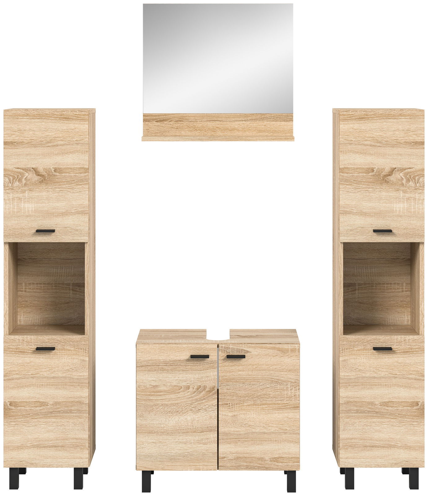 Frontale Ansicht einer Badkombination aus hellem Holz mit zwei hohen Schränken, einem Waschbeckenunterschrank und einem Spiegel.