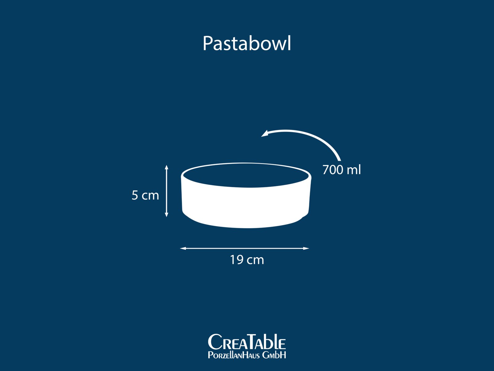 Weiße Pastabowl (700 ml) mit Maßen 19 cm Durchmesser und 5 cm Höhe, seitliche Ansicht mit leichtem Blick von oben auf blauem Hintergrund
