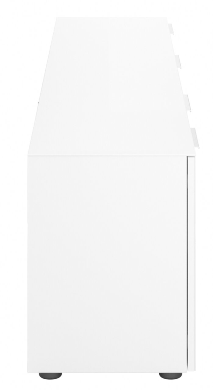 Zijaanzicht van een wit XL-tv-lowboard met strakke lijnen en een minimalistisch ontwerp.