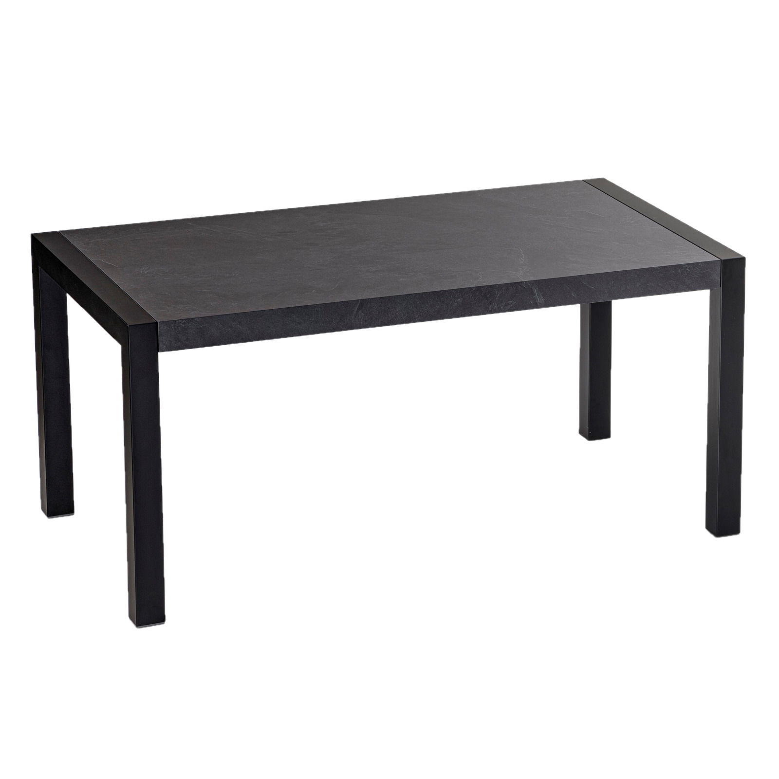 Moderner schwarzer Esstisch aus Metall mit rechteckiger Tischplatte, seitliche Perspektive