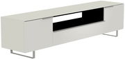 Modernes XL-TV-Lowboard in Weiß mit Metallfüßen, seitliche Perspektive