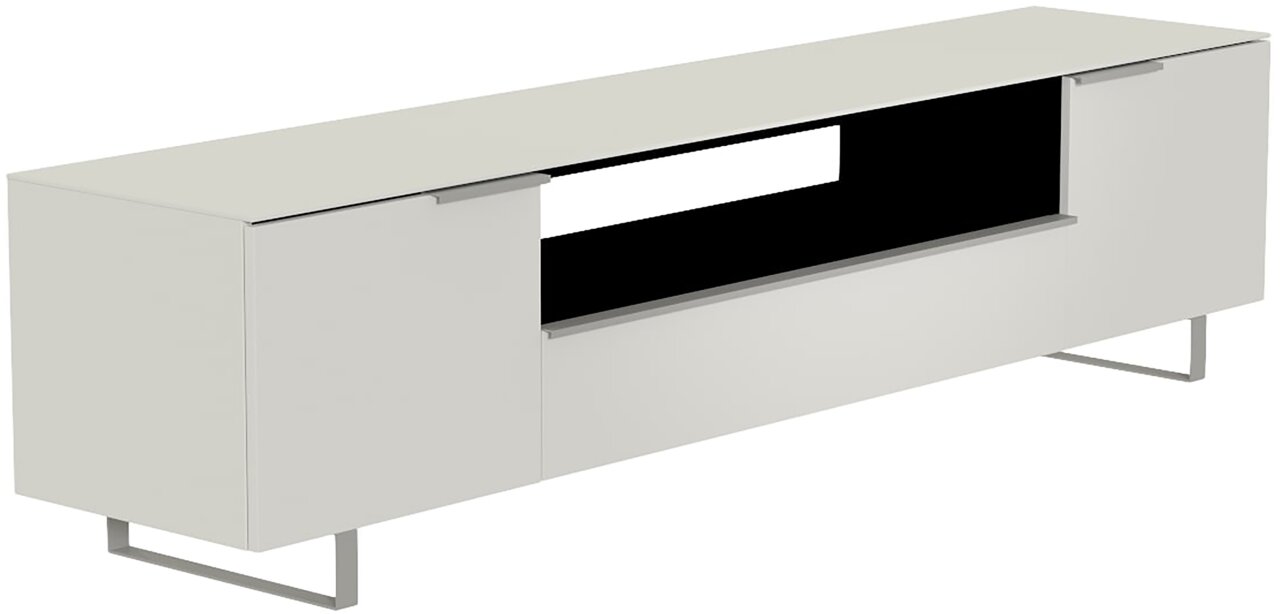 Modernes XL-TV-Lowboard in Weiß mit Metallfüßen, seitliche Perspektive