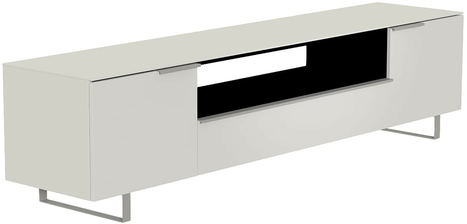 Modernes XL-TV-Lowboard in Weiß mit Metallfüßen, seitliche Perspektive