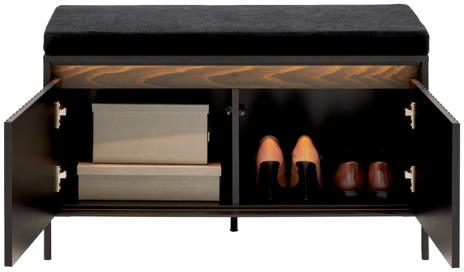 Garderobenbank mit geöffneter Frontansicht, zeigt Stauraum mit Schuhen und Kartons.