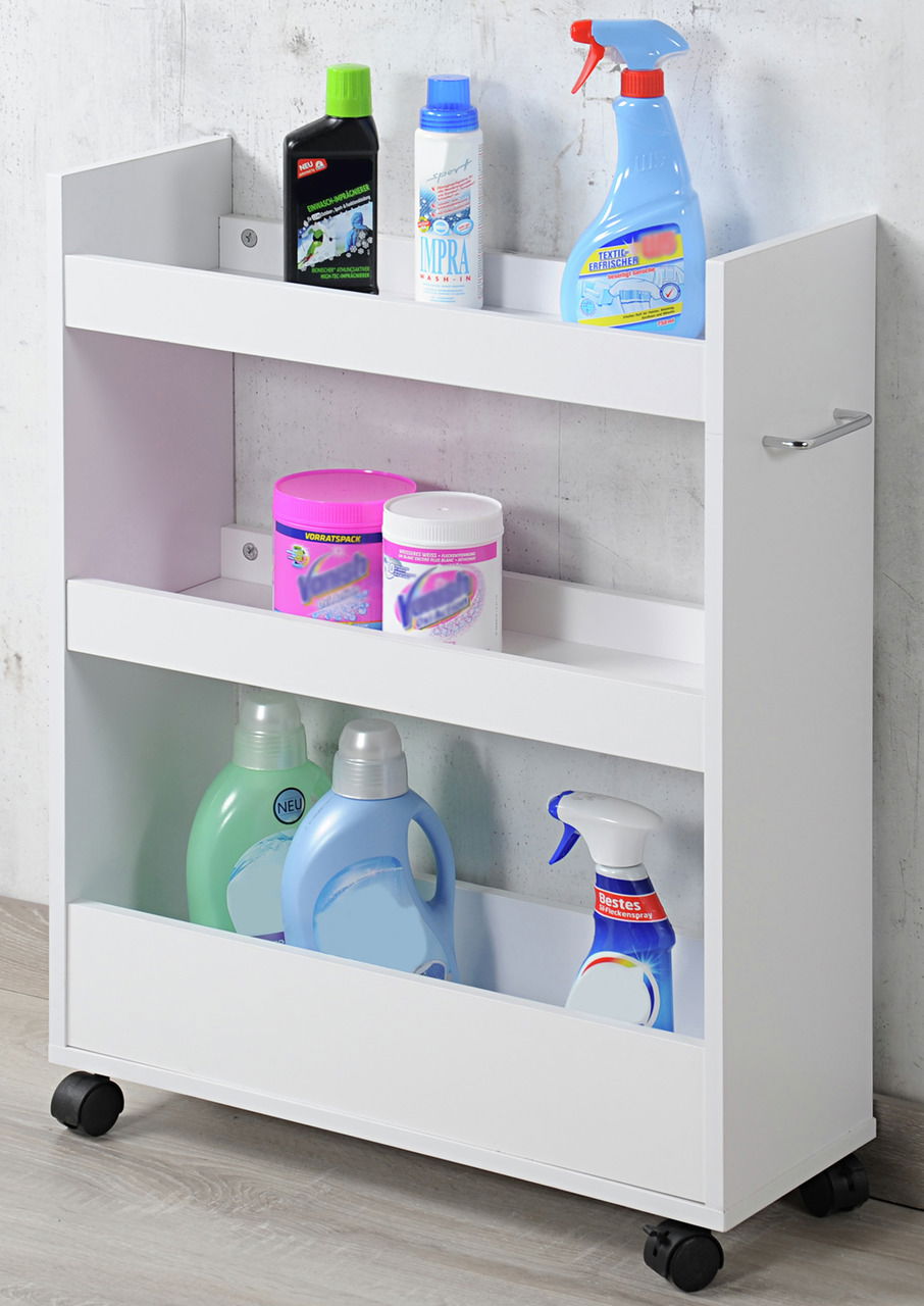 Kesper Nischenregal Weißes Nischenregal mit drei Ebenen, gefüllt mit Reinigungsmitteln, auf Rollen, seitliche Perspektive