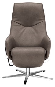 Vooraanzicht van een moderne relaxfauteuil met grijze stoffen bekleding en een stevig metalen onderstel.