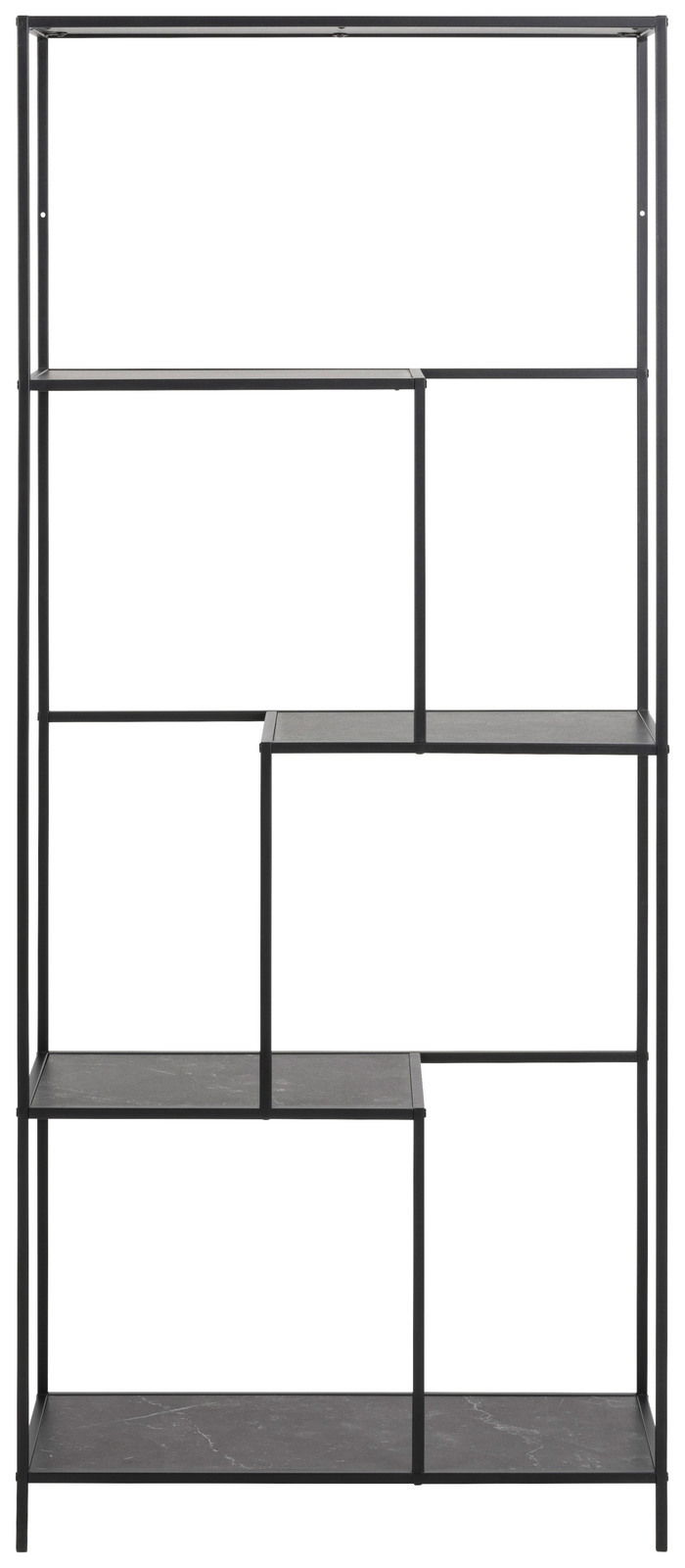 Modernes schwarzes Regal mit asymmetrischen Regalböden, frontal betrachtet.