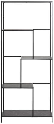 Modernes schwarzes Regal mit asymmetrischen Regalböden, frontal betrachtet.