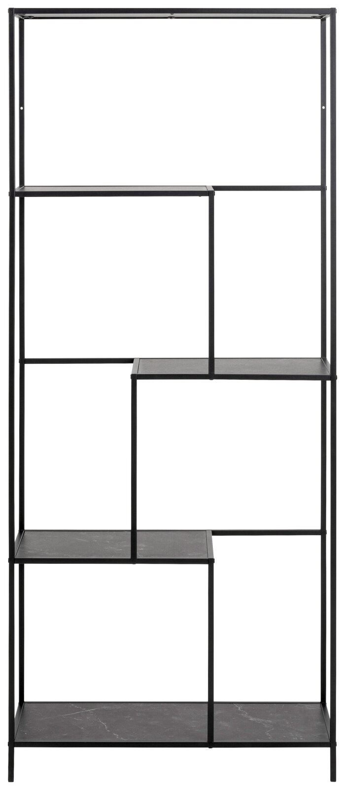 Modernes schwarzes Regal mit asymmetrischen Regalböden, frontal betrachtet.