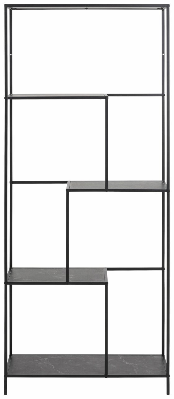 Modernes schwarzes Regal mit asymmetrischen Regalböden, frontal betrachtet.