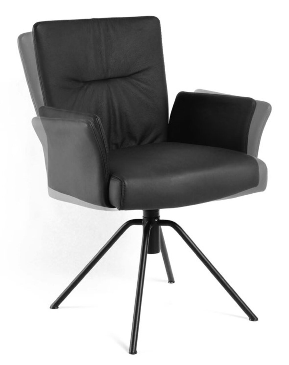 Moderne zwarte fauteuil met armleuningen en metalen poten, zijaanzicht