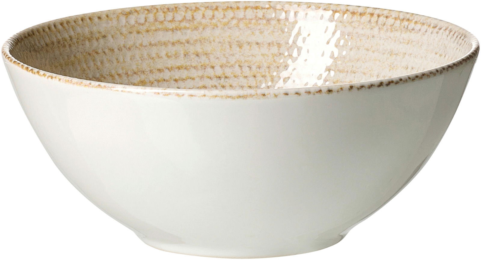 Ritzenhoff & Breker Müslischale RIMINI Müslischale 16,5 cm aus seitlicher Perspektive mit cremefarbener Außenseite und gemustertem Rand.