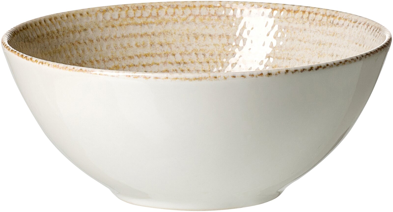 Müslischale 16,5 cm aus seitlicher Perspektive mit cremefarbener Außenseite und gemustertem Rand.