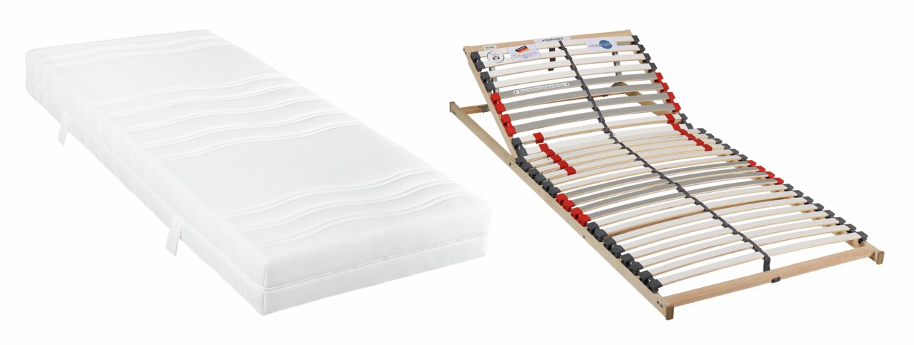 Sleeptex Matratzen-Rahmen-Set H2 VIRTUS Matratzen-Rahmen-Set H2, bestehend aus einer weißen Matratze und einem verstellbaren Lattenrost, seitliche Perspektive