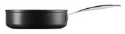 Seitenansicht einer schwarzen Aluminium-Antihaft-Sautierpfanne mit silbernem Griff