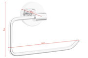 Wandmontierter Toilettenpapierhalter aus Metall in seitlicher Perspektive, 11 cm hoch und 14 cm lang, mit einer runden Basis und einem gebogenen Arm.