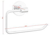 Wandmontierter Toilettenpapierhalter aus Metall in seitlicher Perspektive, 11 cm hoch und 14 cm lang, mit einer runden Basis und einem gebogenen Arm.