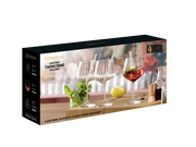 Verpackung eines Gin Tonic-Sets mit vier Gläsern und vier Glasstrohhalmen, seitliche Perspektive