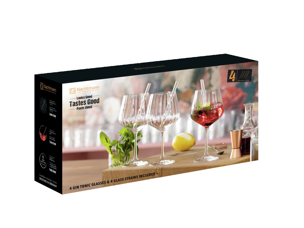 Verpackung eines Gin Tonic-Sets mit vier Gläsern und vier Glasstrohhalmen, seitliche Perspektive