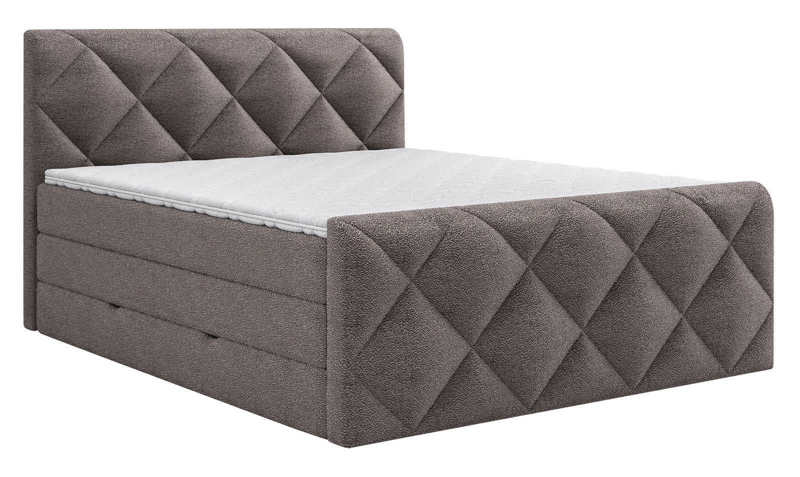 Boxspringbett in seitlicher Perspektive mit grauem, gestepptem Kopf- und Fußteil.